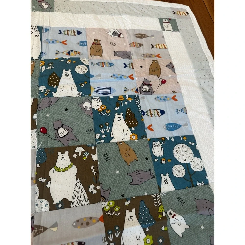 Handmade Bear And‎ Fish Patchwork Baby Boys Quilt Nursery Crib Blanket 37x49